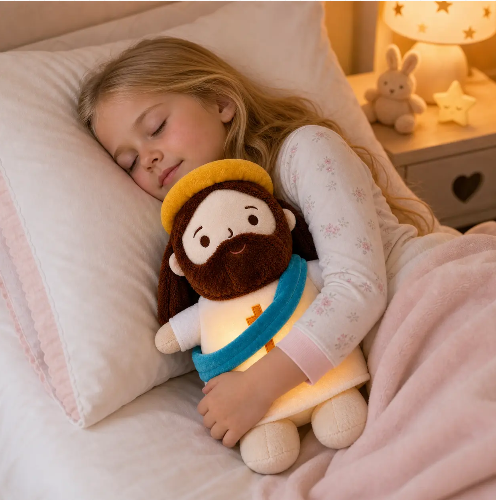 15-Inch Breathing Jesus Plush Doll with Light and Sound - Calming Sleep Companion and Christian Gift for All Ages - Stress Relief Cuddly Toy with Blue Sash - Ideal for Easter and Soothing Rhythm