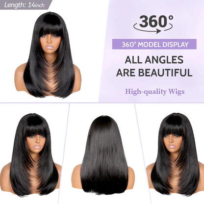 U&A Hair Glueless Yaki Straight Layered Wigs with Bangs 5X4 Lace Front Synthetic Wig 14 Inch Wear and Go Pre Style Realistic Look with True Scalp Tiny Knots