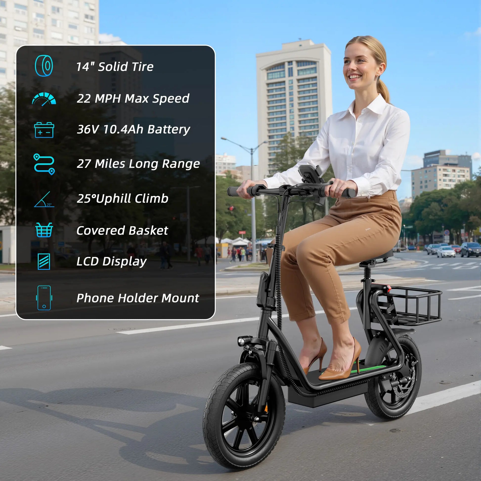 500W Electric Scooter for Adults with Seat, 48V 10.4Ah Battery, Top Speed 22 Mph, Driving Range 21-27 Miles,Pet-Friendly Design with Rear Basket Scooters