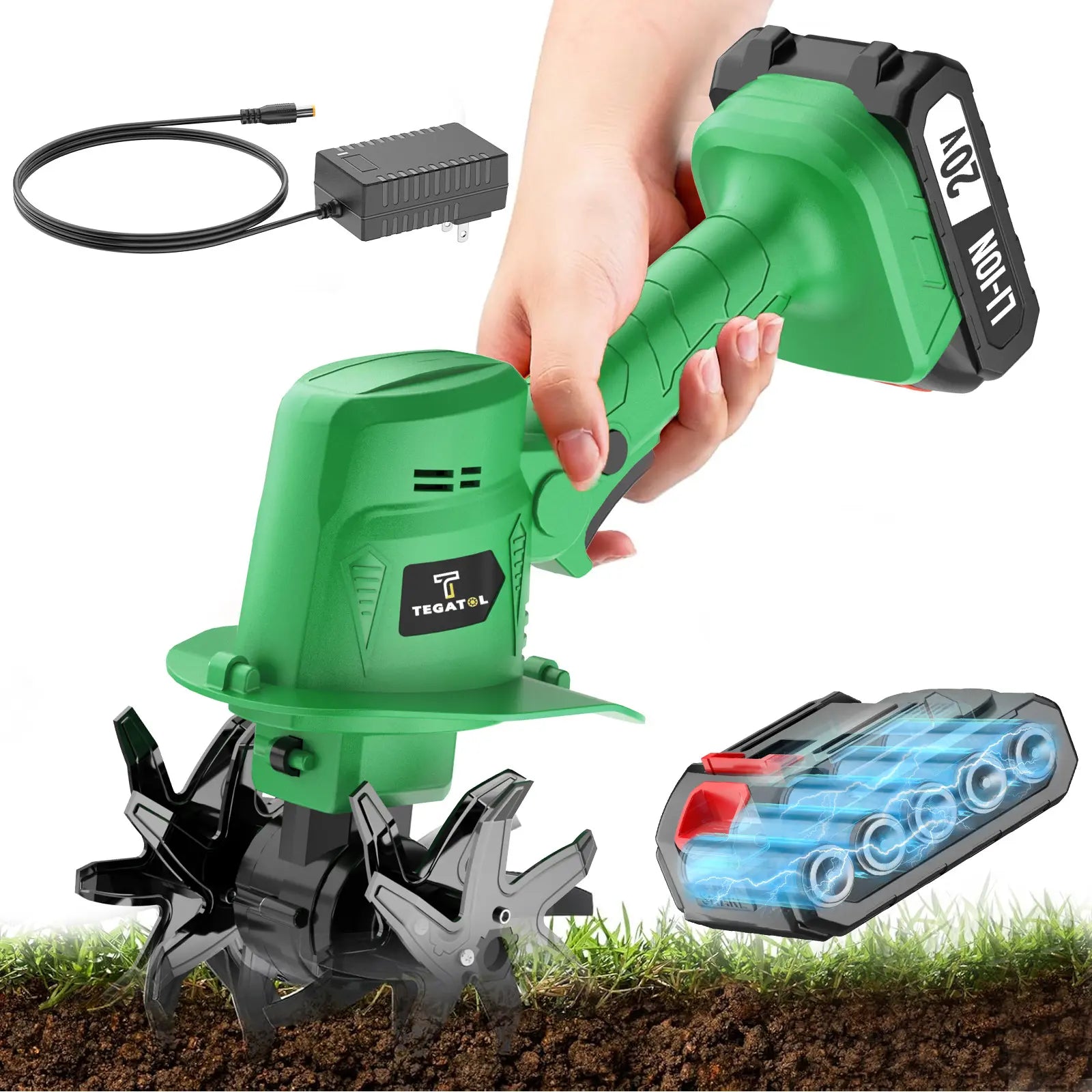 【Fathersdaygift】20V Cordless Electric Tiller, Handheld Mini Garden Cultivator, 235RPM Soil Tiller for Weeding, Soil Loosening, Tilling & Garden Landscaping, 5-Inch Width, 4-Inch Depth