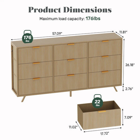 【Deals for You】9 Fabric Drawer Dresser for Bedroom, 57" Fluted Wooden Chest with Fabric Drawers, Modern Media Console & TV Stand for 35/45/55 Inch TV, Large Storage Organizer Cabinet with Reinforced Base