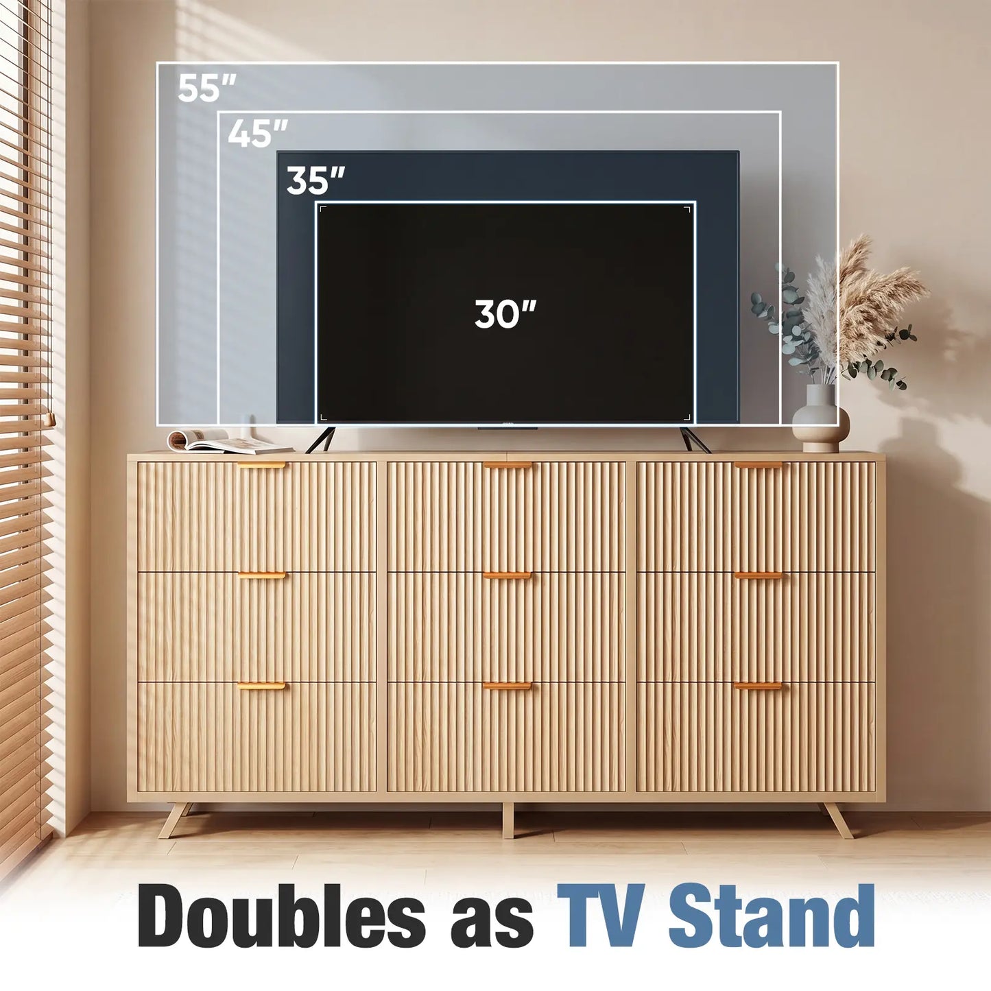【Deals for You】9 Fabric Drawer Dresser for Bedroom, 57" Fluted Wooden Chest with Fabric Drawers, Modern Media Console & TV Stand for 35/45/55 Inch TV, Large Storage Organizer Cabinet with Reinforced Base