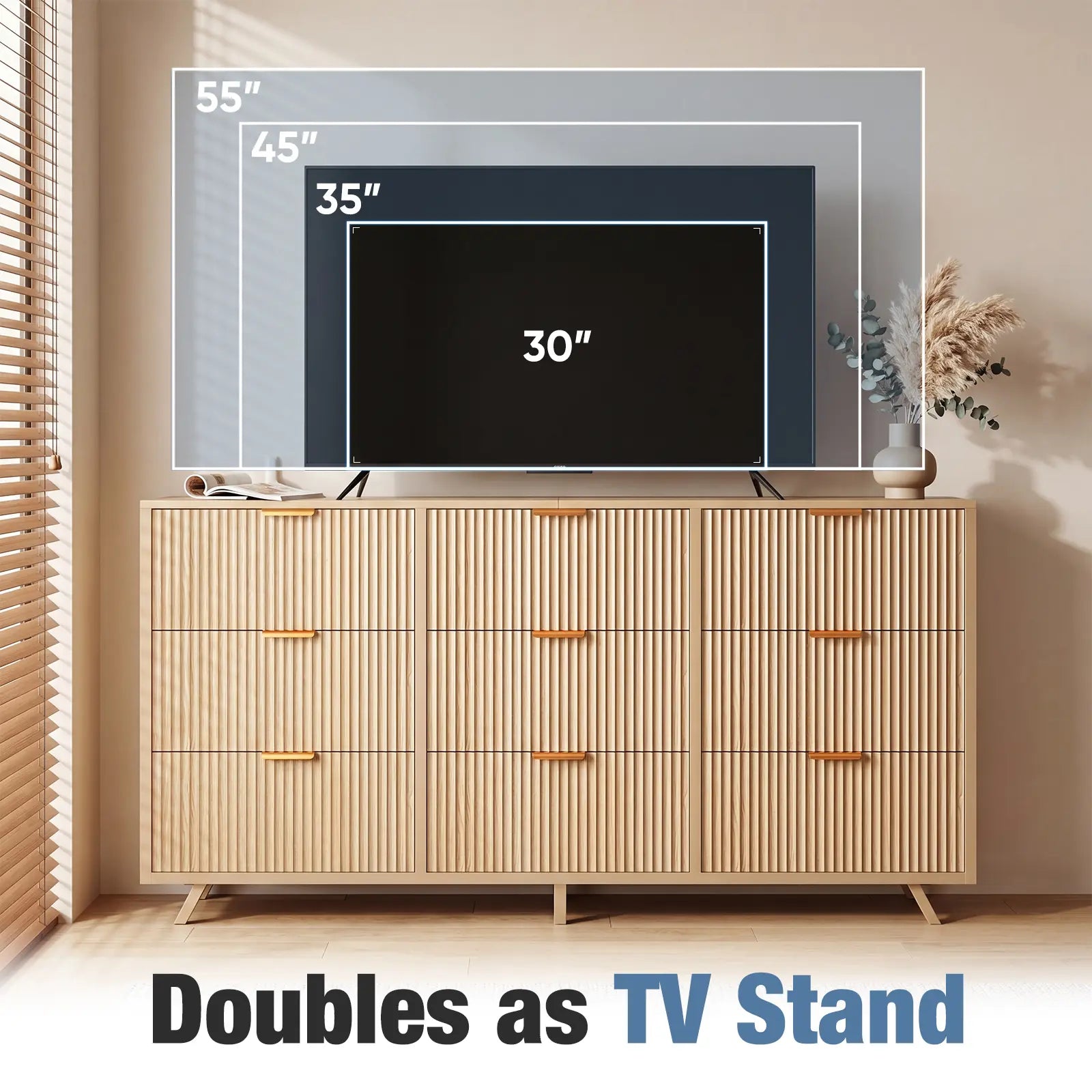 【Deals for You】9 Fabric Drawer Dresser for Bedroom, 57" Fluted Wooden Chest with Fabric Drawers, Modern Media Console & TV Stand for 35/45/55 Inch TV, Large Storage Organizer Cabinet with Reinforced Base