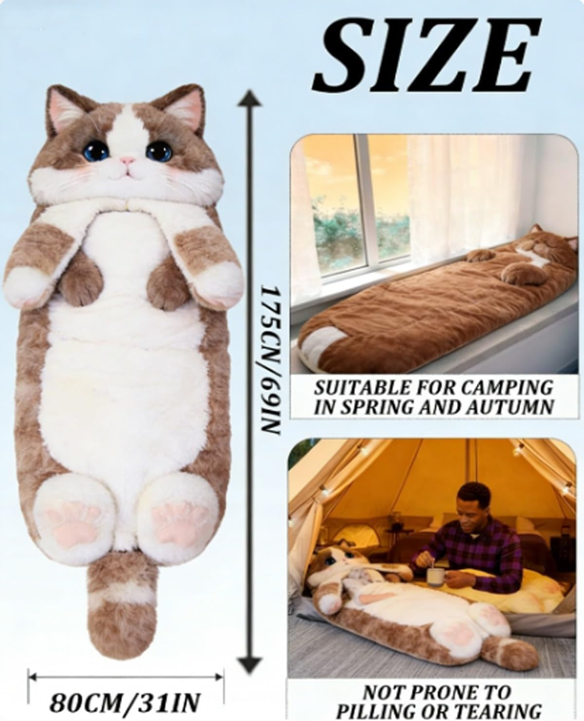 Giant Fluffy Cat Sleeping Bag for Adults - Soft Plush Cat Shaped Sleeping Bag for Human, Cozy & Warm Envelope Style Blanket Animal Shaped Sleep Bags for Home Camping Travel