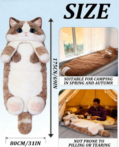 Giant Fluffy Cat Sleeping Bag for Adults - Soft Plush Cat Shaped Sleeping Bag for Human, Cozy & Warm Envelope Style Blanket Animal Shaped Sleep Bags for Home Camping Travel