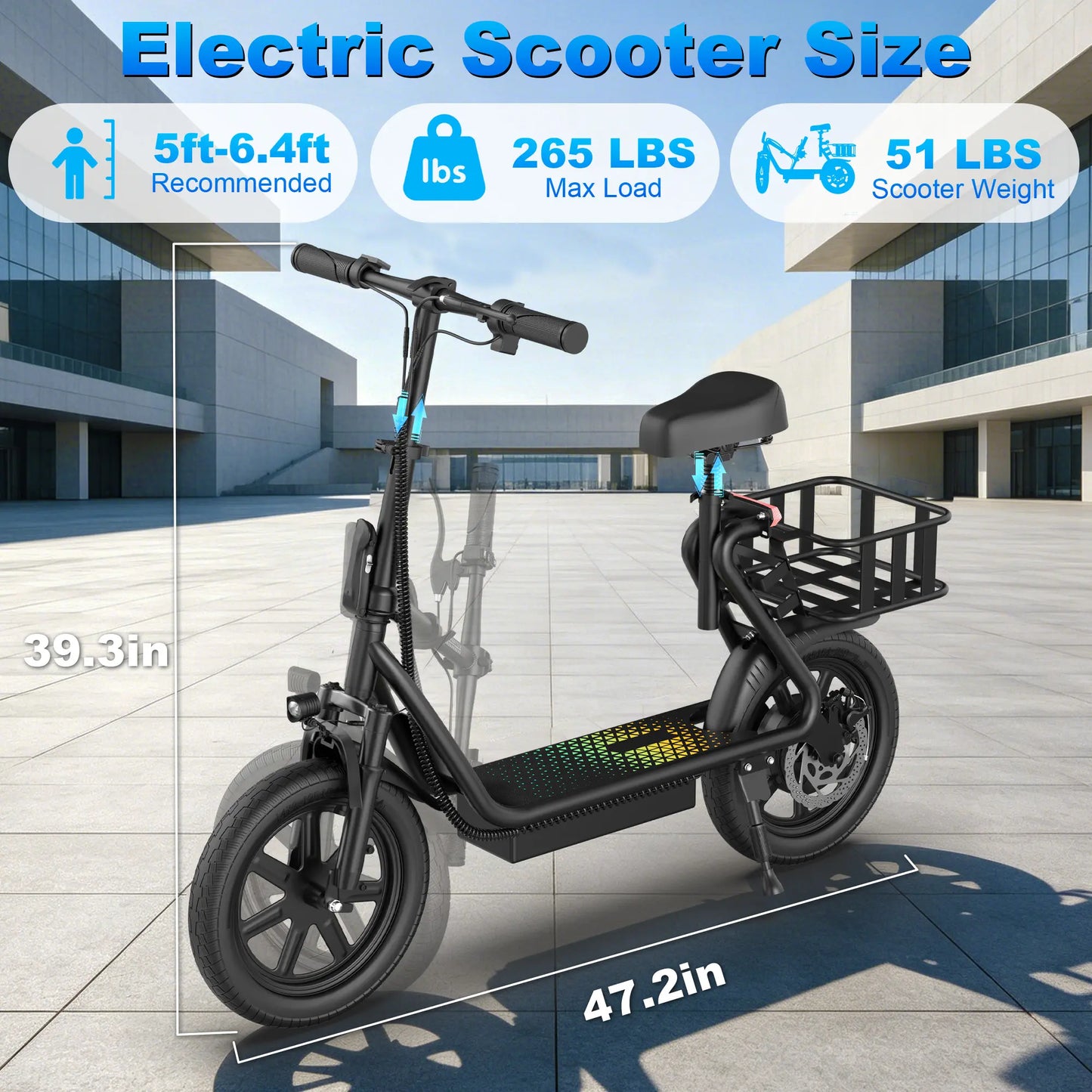 500W Electric Scooter for Adults with Seat, 48V 10.4Ah Battery, Top Speed 22 Mph, Driving Range 21-27 Miles,Pet-Friendly Design with Rear Basket Scooters