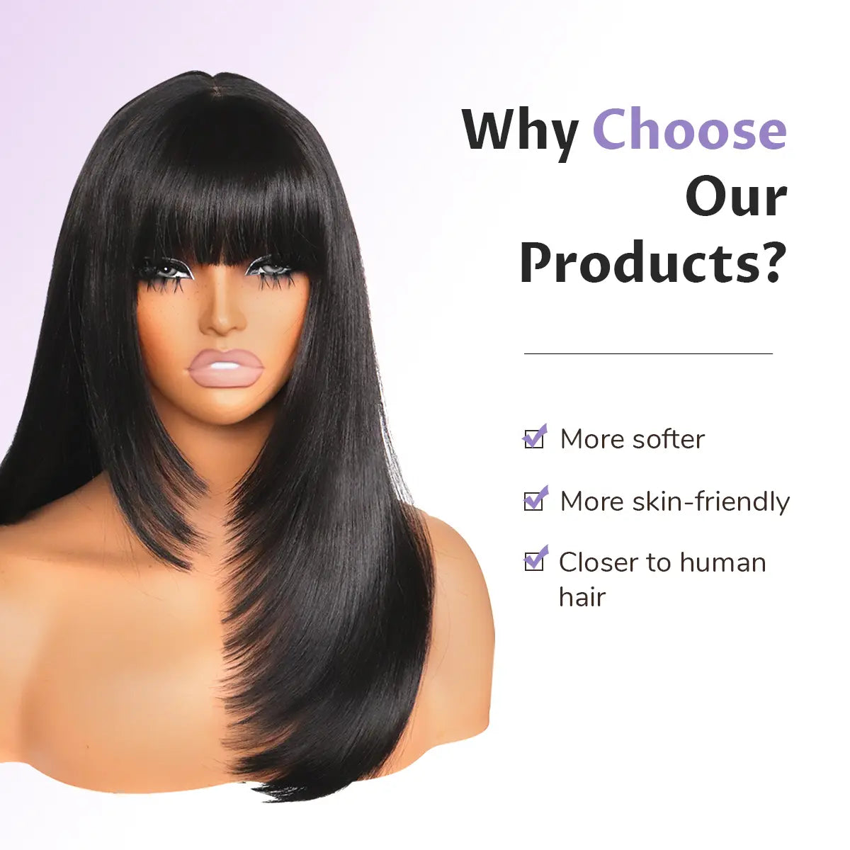 U&A Hair Glueless Yaki Straight Layered Wigs with Bangs 5X4 Lace Front Synthetic Wig 14 Inch Wear and Go Pre Style Realistic Look with True Scalp Tiny Knots