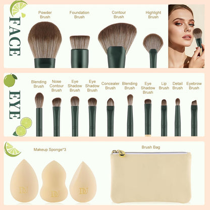 Makeup Gift Set 18Pcs,With 14Pcs Makeup Brushes Set 3Pcs Makeup Sponges 1PC Cosmetic Bag for Foundation Blending Powder Blush Concealers Eye Shadows
