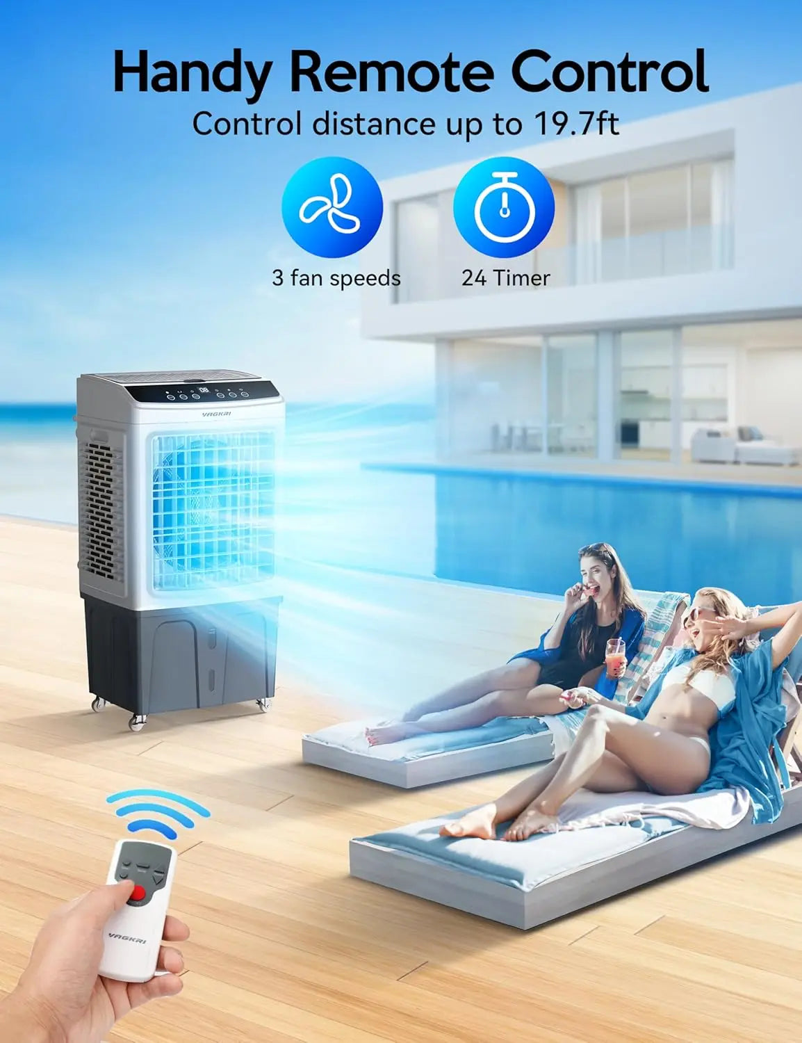 VAGKRI 35" Evaporative Air Cooler, 2100-3000CFM Swamp Cooler, 120°Oscillation Air Cooler with Remote Control, 24H Timer, 3 Modes & Wind Speeds for Outdoor Indoor Use, 9.2-12Gallon