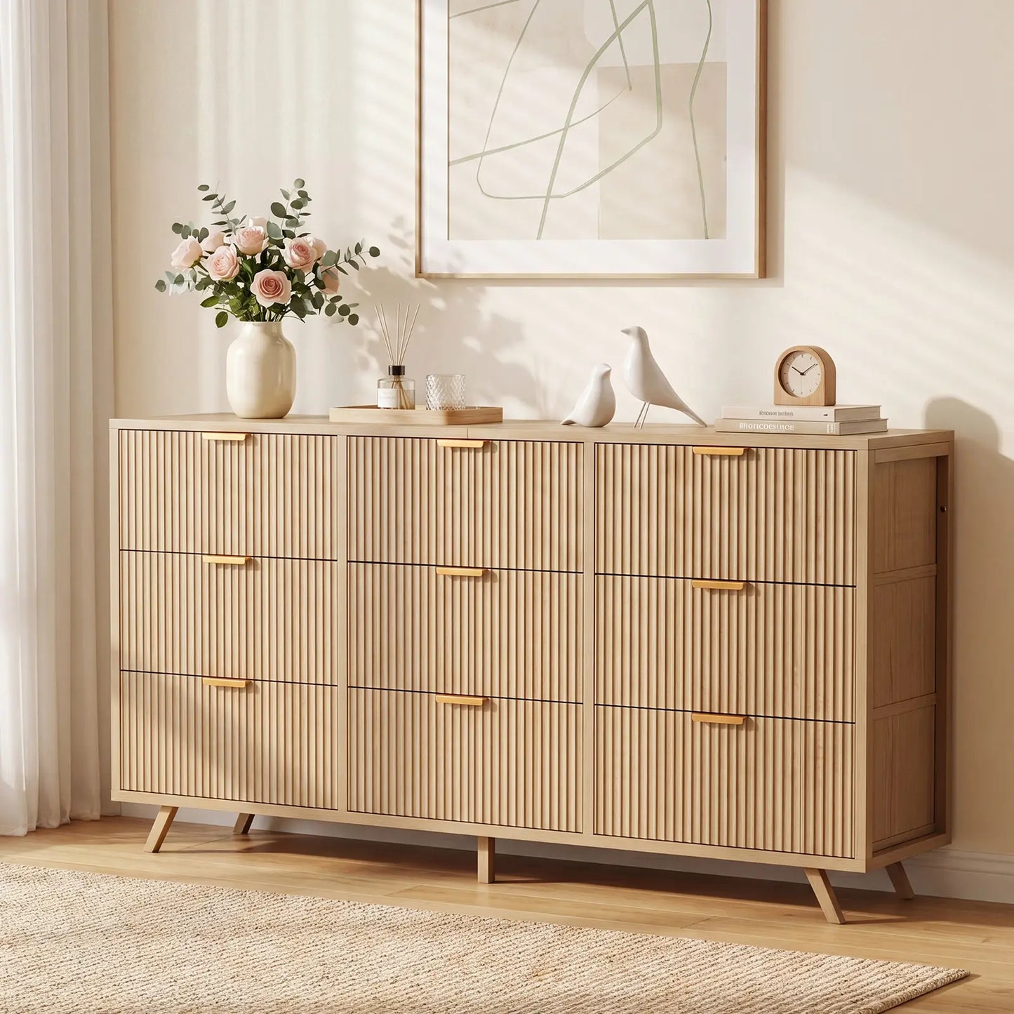 【Deals for You】9 Fabric Drawer Dresser for Bedroom, 57" Fluted Wooden Chest with Fabric Drawers, Modern Media Console & TV Stand for 35/45/55 Inch TV, Large Storage Organizer Cabinet with Reinforced Base