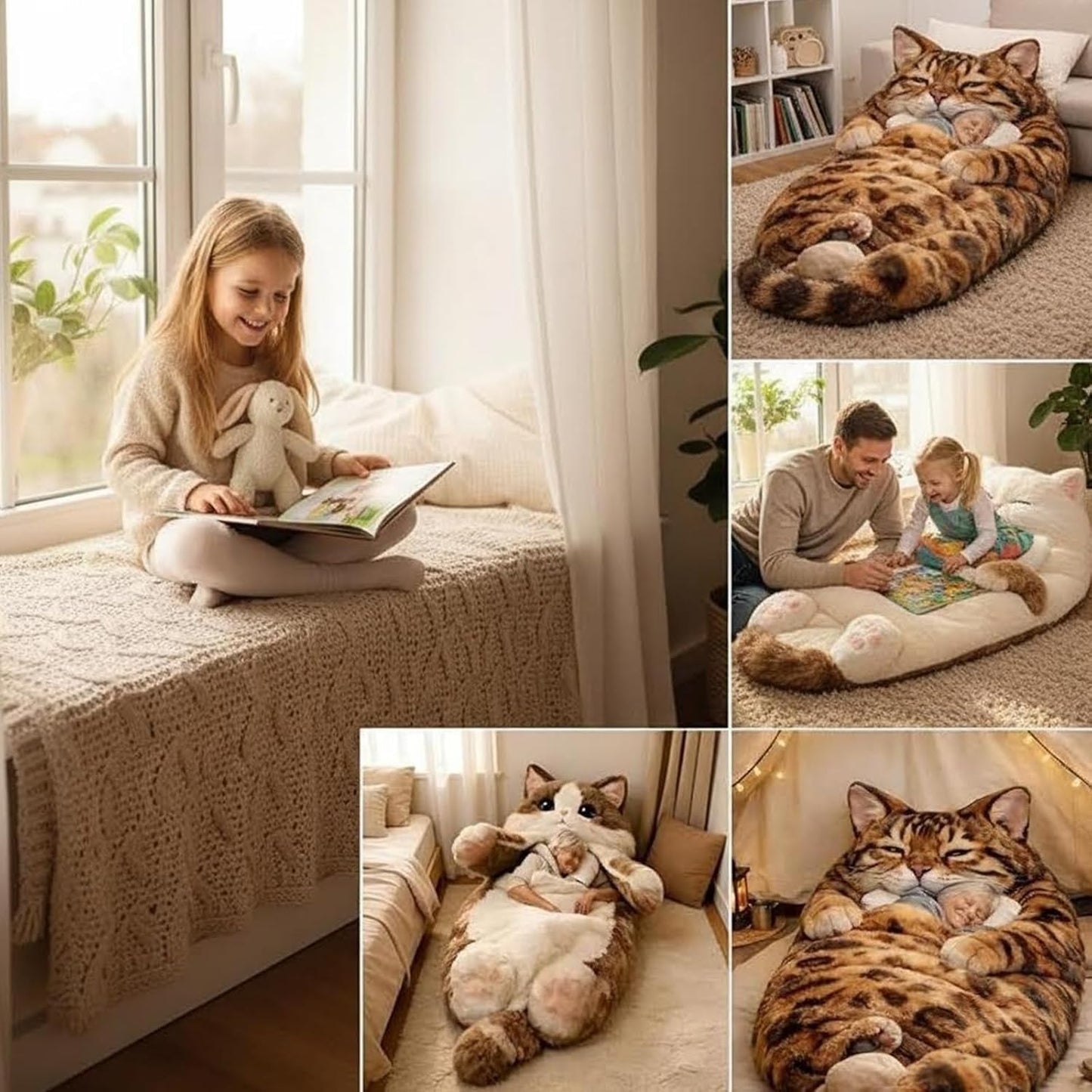 Giant Fluffy Cat Sleeping Bag for Adults - Soft Plush Cat Shaped Sleeping Bag for Human, Cozy & Warm Envelope Style Blanket Animal Shaped Sleep Bags for Home Camping Travel