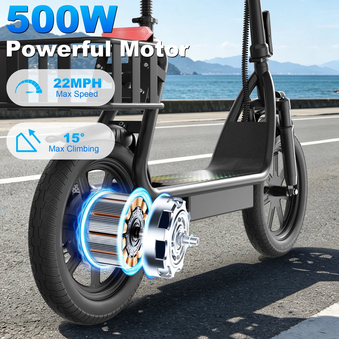 500W Electric Scooter for Adults with Seat, 48V 10.4Ah Battery, Top Speed 22 Mph, Driving Range 21-27 Miles,Pet-Friendly Design with Rear Basket Scooters
