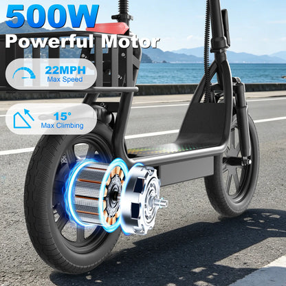 500W Electric Scooter for Adults with Seat, 48V 10.4Ah Battery, Top Speed 22 Mph, Driving Range 21-27 Miles,Pet-Friendly Design with Rear Basket Scooters