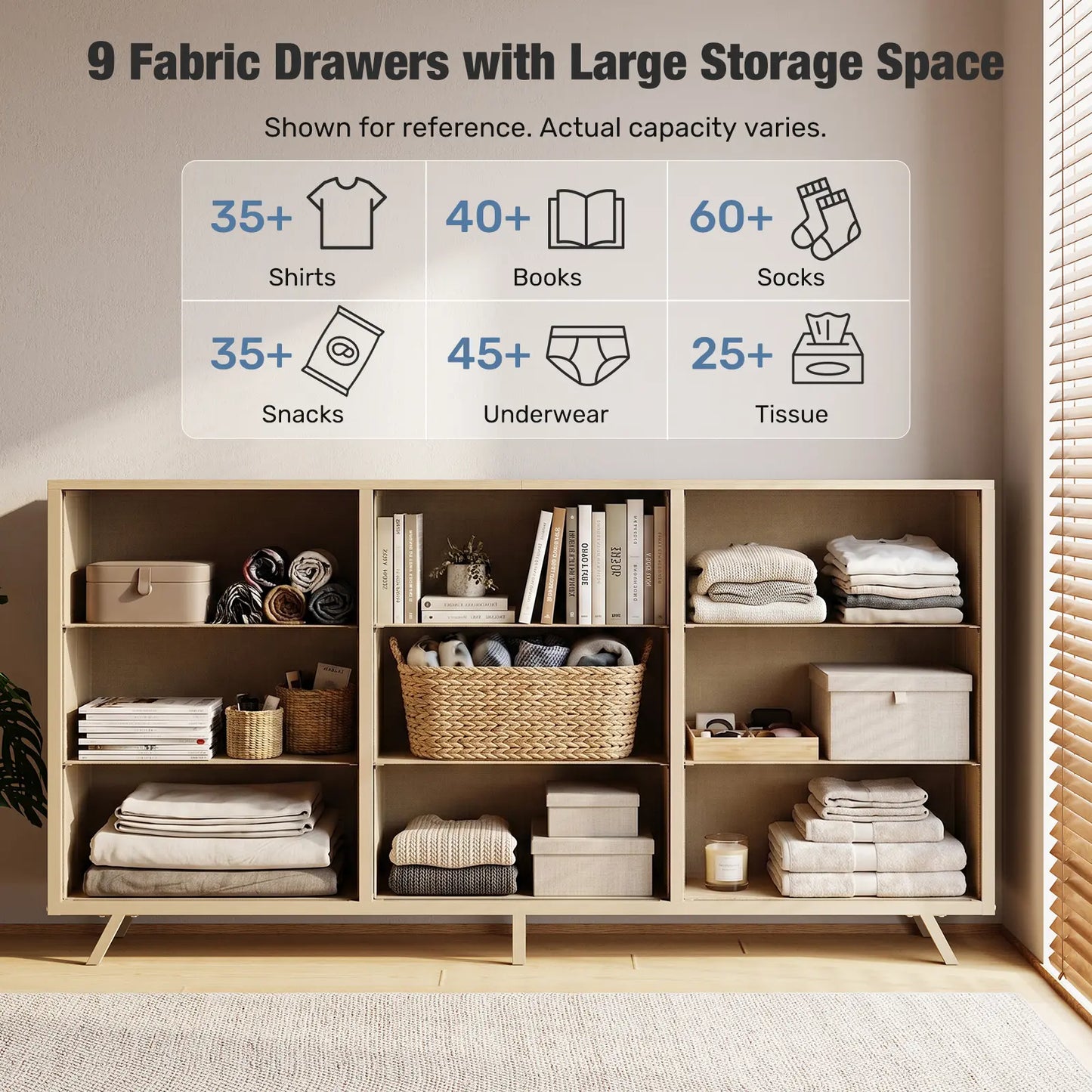 【Deals for You】9 Fabric Drawer Dresser for Bedroom, 57" Fluted Wooden Chest with Fabric Drawers, Modern Media Console & TV Stand for 35/45/55 Inch TV, Large Storage Organizer Cabinet with Reinforced Base