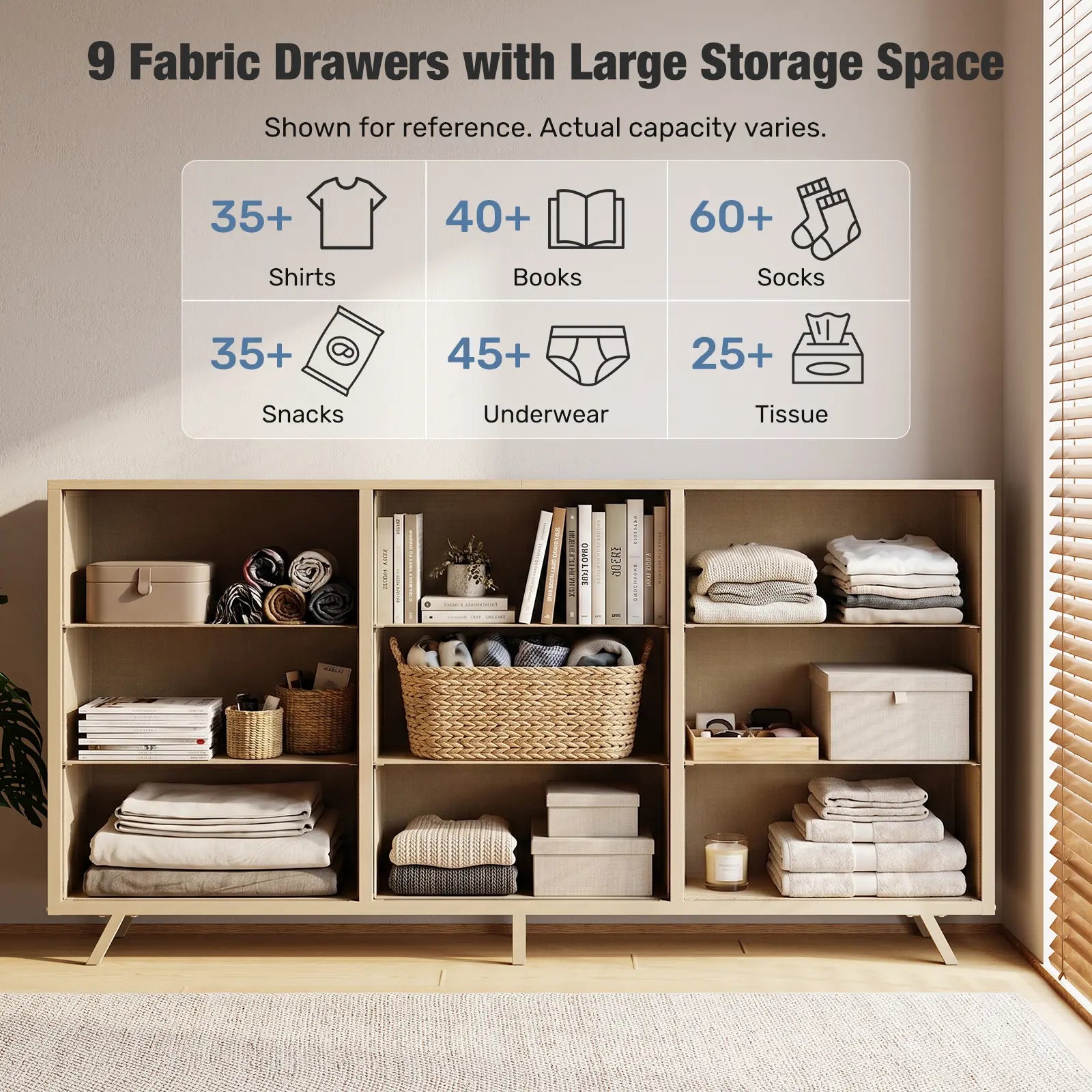 【Deals for You】9 Fabric Drawer Dresser for Bedroom, 57" Fluted Wooden Chest with Fabric Drawers, Modern Media Console & TV Stand for 35/45/55 Inch TV, Large Storage Organizer Cabinet with Reinforced Base