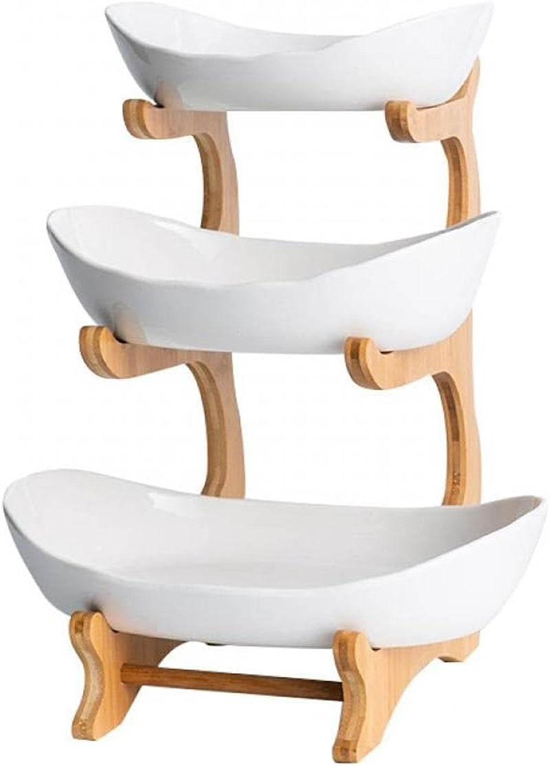 3 Tier Fruit Bowl with Bamboo Stand for Kitchen Counter,Ceramic Fruit Basket Large Capacity for Fruit Vegetable Storage,Snack Dessert Cake Tray Plate Rack for Party Wedding (White)