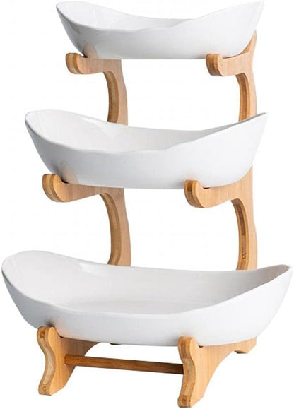 3 Tier Fruit Bowl with Bamboo Stand for Kitchen Counter,Ceramic Fruit Basket Large Capacity for Fruit Vegetable Storage,Snack Dessert Cake Tray Plate Rack for Party Wedding (White)