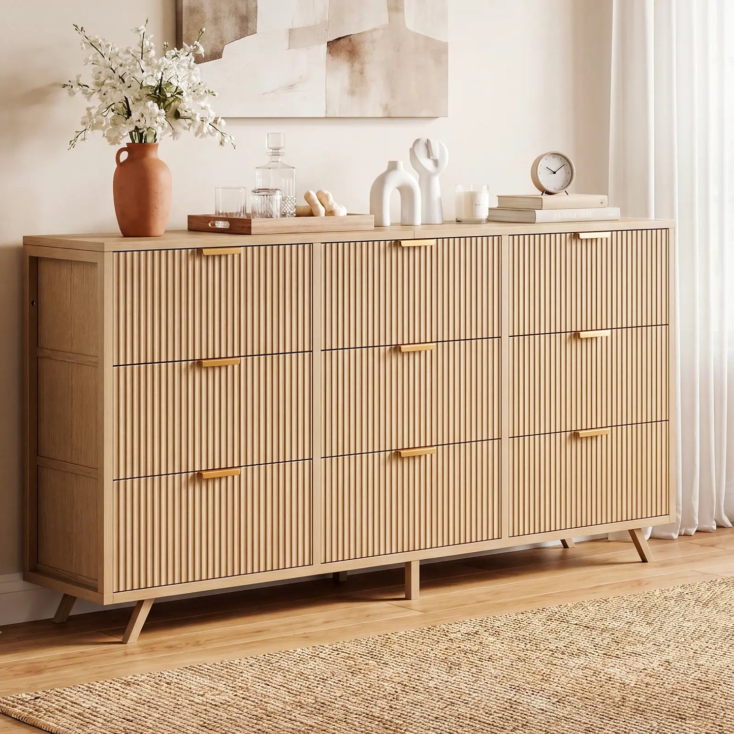 【Deals for You】9 Fabric Drawer Dresser for Bedroom, 57" Fluted Wooden Chest with Fabric Drawers, Modern Media Console & TV Stand for 35/45/55 Inch TV, Large Storage Organizer Cabinet with Reinforced Base