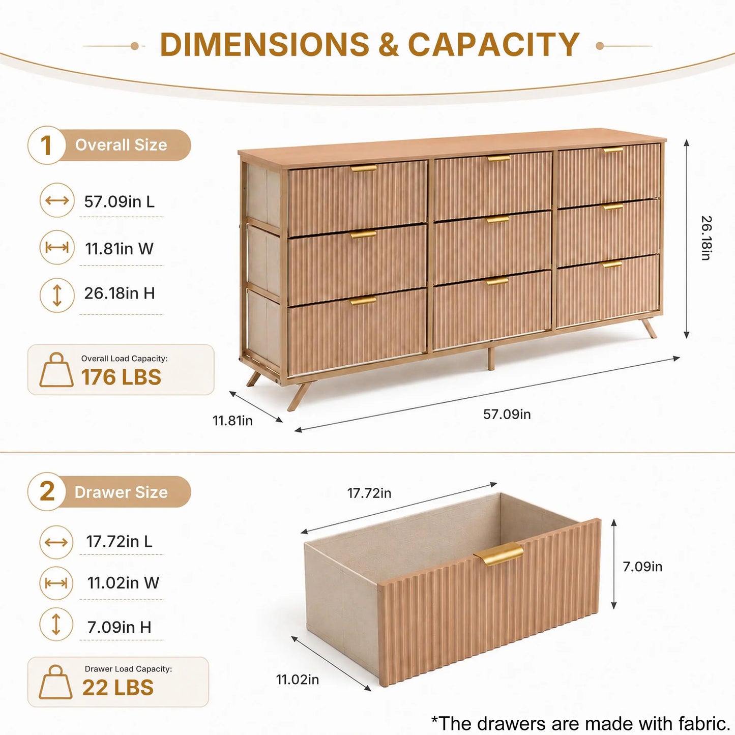 【Deals for You】9 Fabric Drawer Dresser for Bedroom, 57" Fluted Wooden Chest with Fabric Drawers, Modern Media Console & TV Stand for 35/45/55 Inch TV, Large Storage Organizer Cabinet with Reinforced Base
