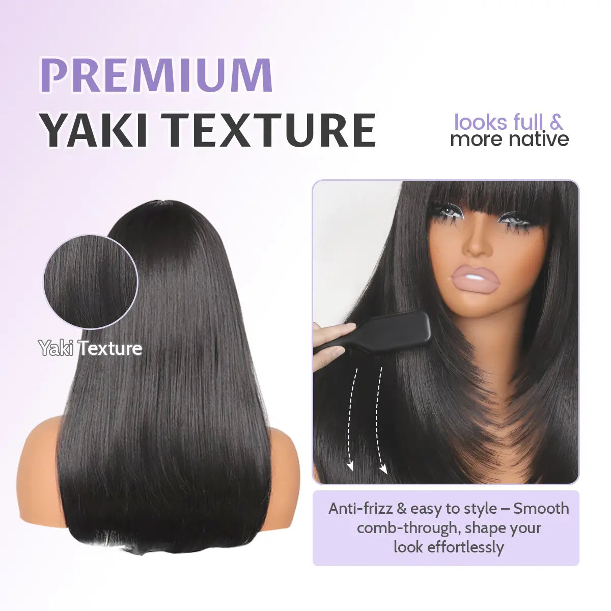 U&A Hair Glueless Yaki Straight Layered Wigs with Bangs 5X4 Lace Front Synthetic Wig 14 Inch Wear and Go Pre Style Realistic Look with True Scalp Tiny Knots