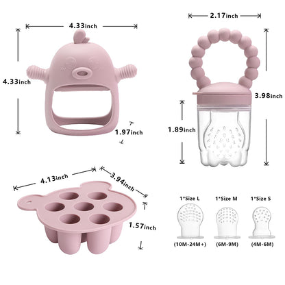 3-In-1 Baby Food & Fruit Feeder Set – Breastmilk Popsicle Mold with Freezer Tray, Teething Relief Toy, BPA Free Infant Silicone Feeding Combo, 3 Bonus Sizes (S/M/L) Sacs (Blush)