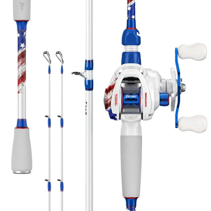 【Summer Wins】Kastking Patriot Fishing Combo - Special Edition Red White Blue Baitcaster Rod and Reel Combo | 9+1 Bearings Smooth Waterdrop Reel with Dual-Tip Rod