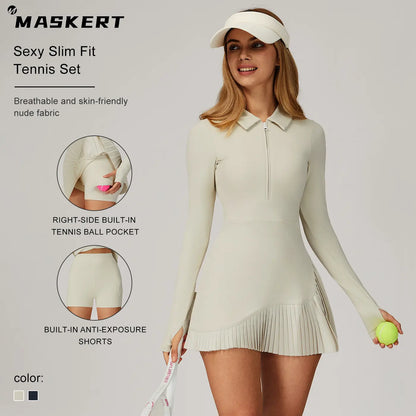 MASKERT Women'S Long Sleeve Fitted Dress with Built-In Shorts for Fitness & Commuting