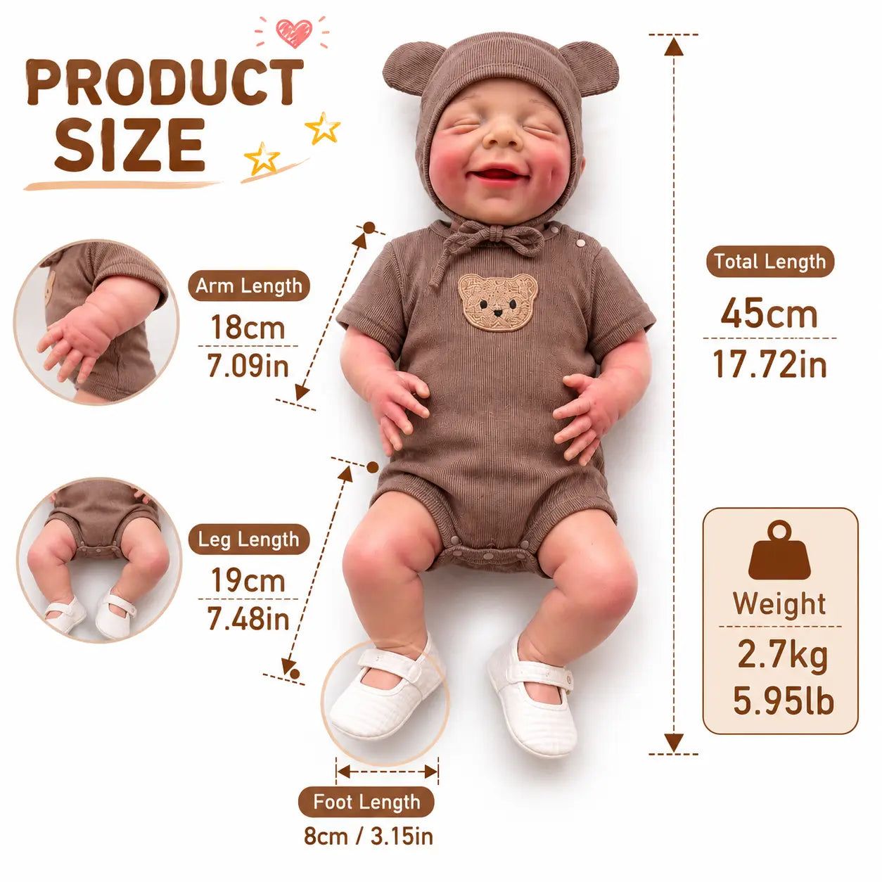 NO.5 17.72 Inch Baby Girl Doll，Silicone Doll，Reborn Doll，Washable Material，Can Be Cleaned with Water，Realistic Appearance，Suitable for Companionship and Role-Playing Toy Dolls