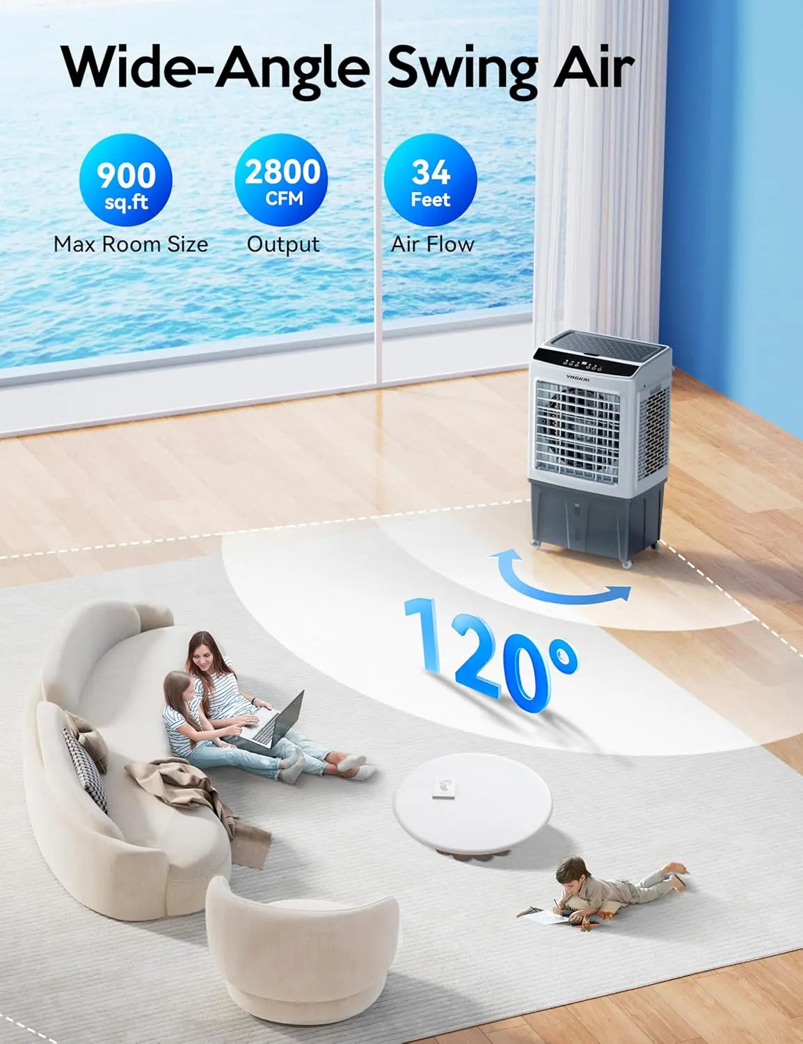 VAGKRI 35" Evaporative Air Cooler, 2100-3000CFM Swamp Cooler, 120°Oscillation Air Cooler with Remote Control, 24H Timer, 3 Modes & Wind Speeds for Outdoor Indoor Use, 9.2-12Gallon