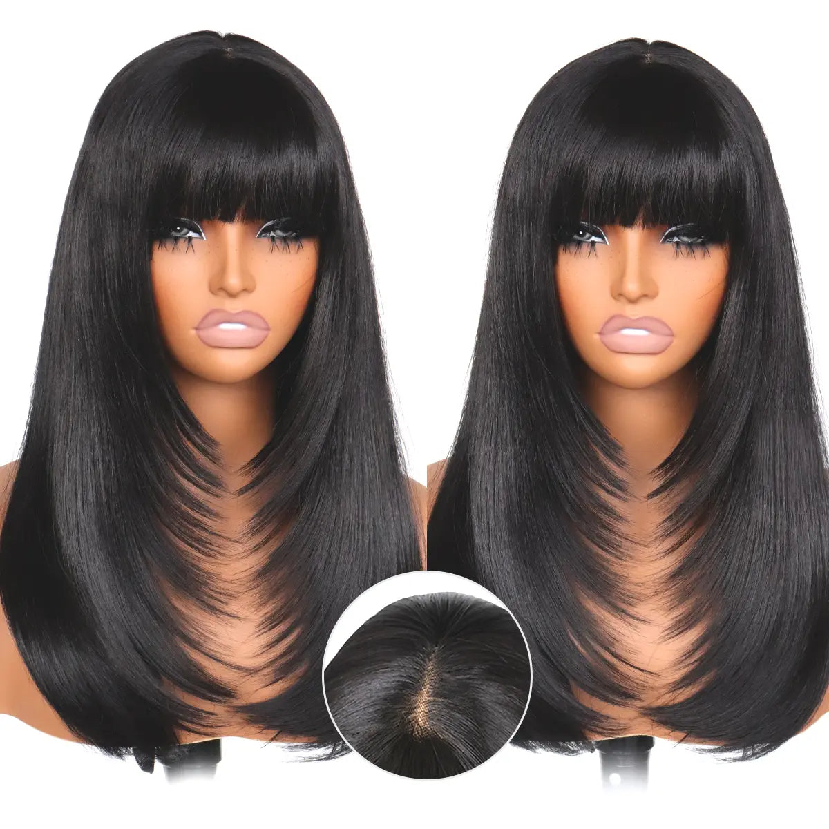 U&A Hair Glueless Yaki Straight Layered Wigs with Bangs 5X4 Lace Front Synthetic Wig 14 Inch Wear and Go Pre Style Realistic Look with True Scalp Tiny Knots