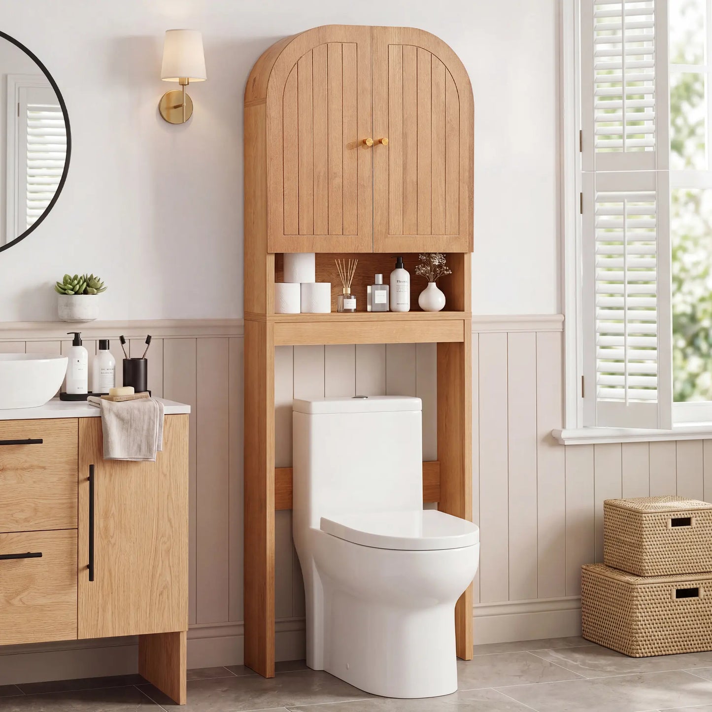 Giratree Arched over the Cabinet with Fluted Doors, 4 Tier Small Bathroom Shelf Organizer, Mid Century Modern Bathroom Cabinet with Adjustable Shelf, Slim Narrow Arch Toilet Rack