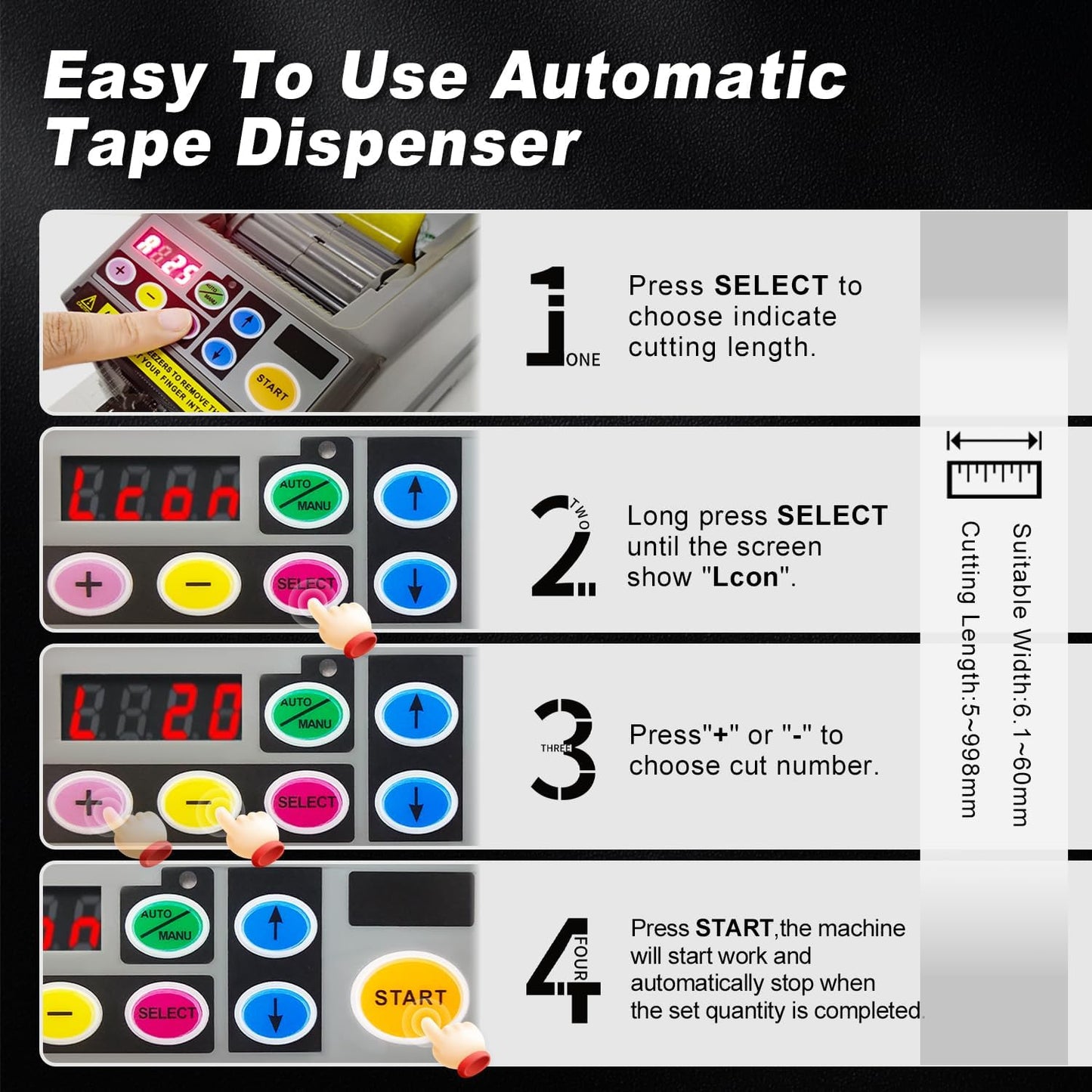 Ribbon Cutting Machine, Automatic Tape Dispenser Cutting 6-60Mm Width 999Mm Max Cutting Length, Electric Tape Cutting Machine for Office Shipping, Businesses, Home Use