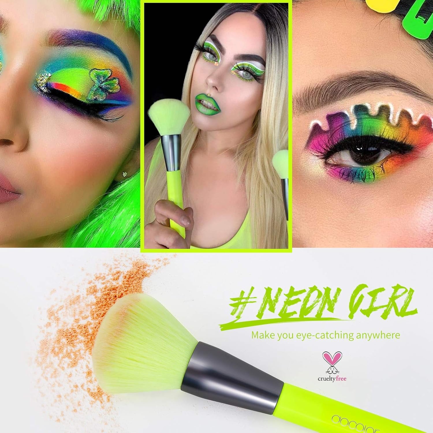 Makeup Brushes 10Pcs Makeup Brush Set Premium Synthetic Powder Kabuki Foundation Contour Blush Concealer Eye Shadow Blending Liner Make up Brush Kit - Neon Green