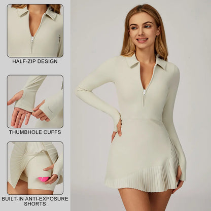 MASKERT Women'S Long Sleeve Fitted Dress with Built-In Shorts for Fitness & Commuting