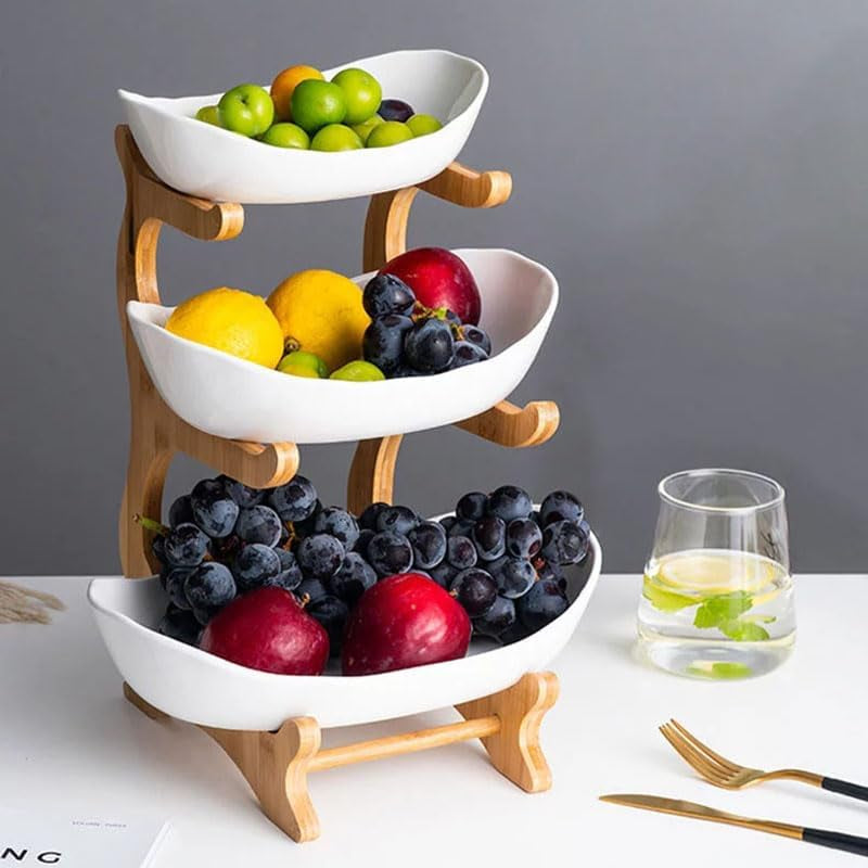 3 Tier Fruit Bowl with Bamboo Stand for Kitchen Counter,Ceramic Fruit Basket Large Capacity for Fruit Vegetable Storage,Snack Dessert Cake Tray Plate Rack for Party Wedding (White)
