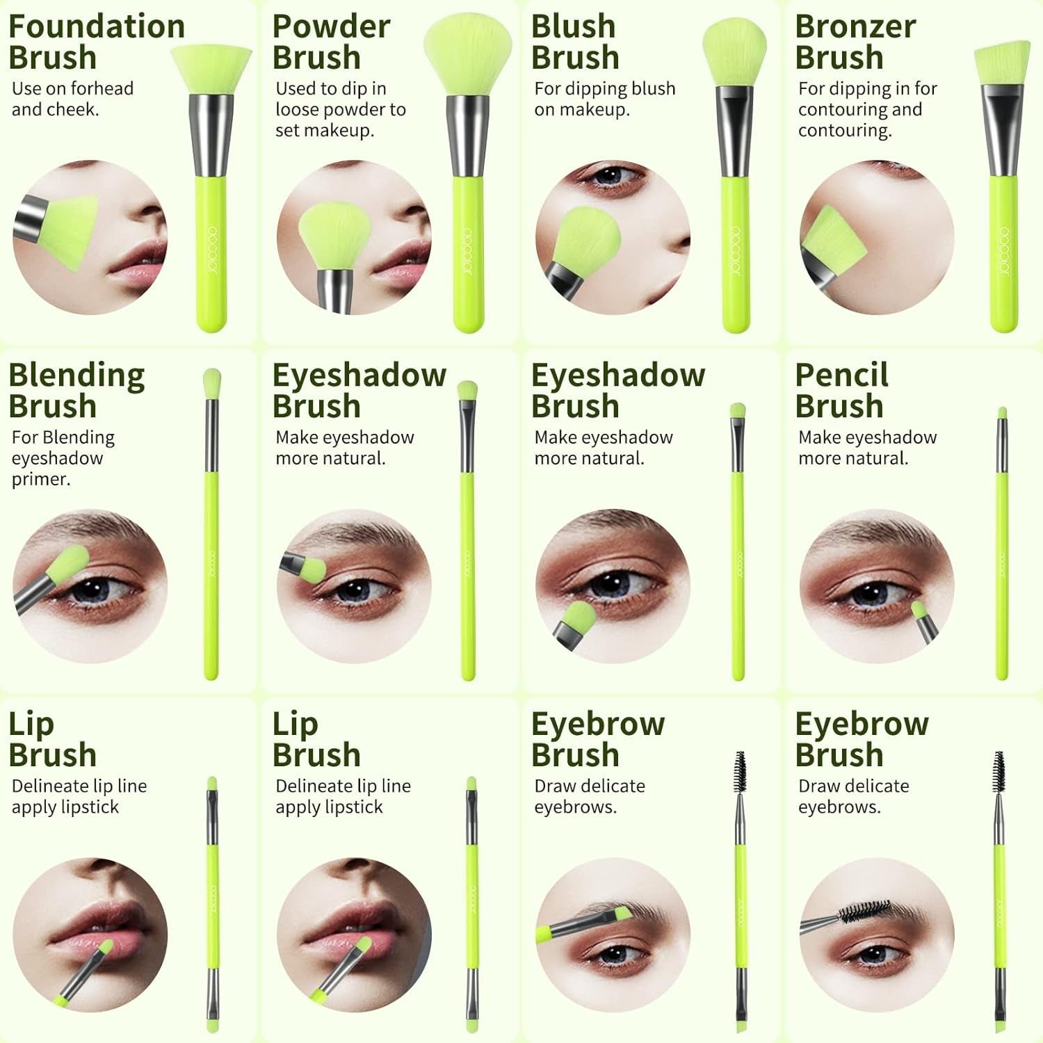 Makeup Brushes 10Pcs Makeup Brush Set Premium Synthetic Powder Kabuki Foundation Contour Blush Concealer Eye Shadow Blending Liner Make up Brush Kit - Neon Green