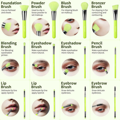 Makeup Brushes 10Pcs Makeup Brush Set Premium Synthetic Powder Kabuki Foundation Contour Blush Concealer Eye Shadow Blending Liner Make up Brush Kit - Neon Green