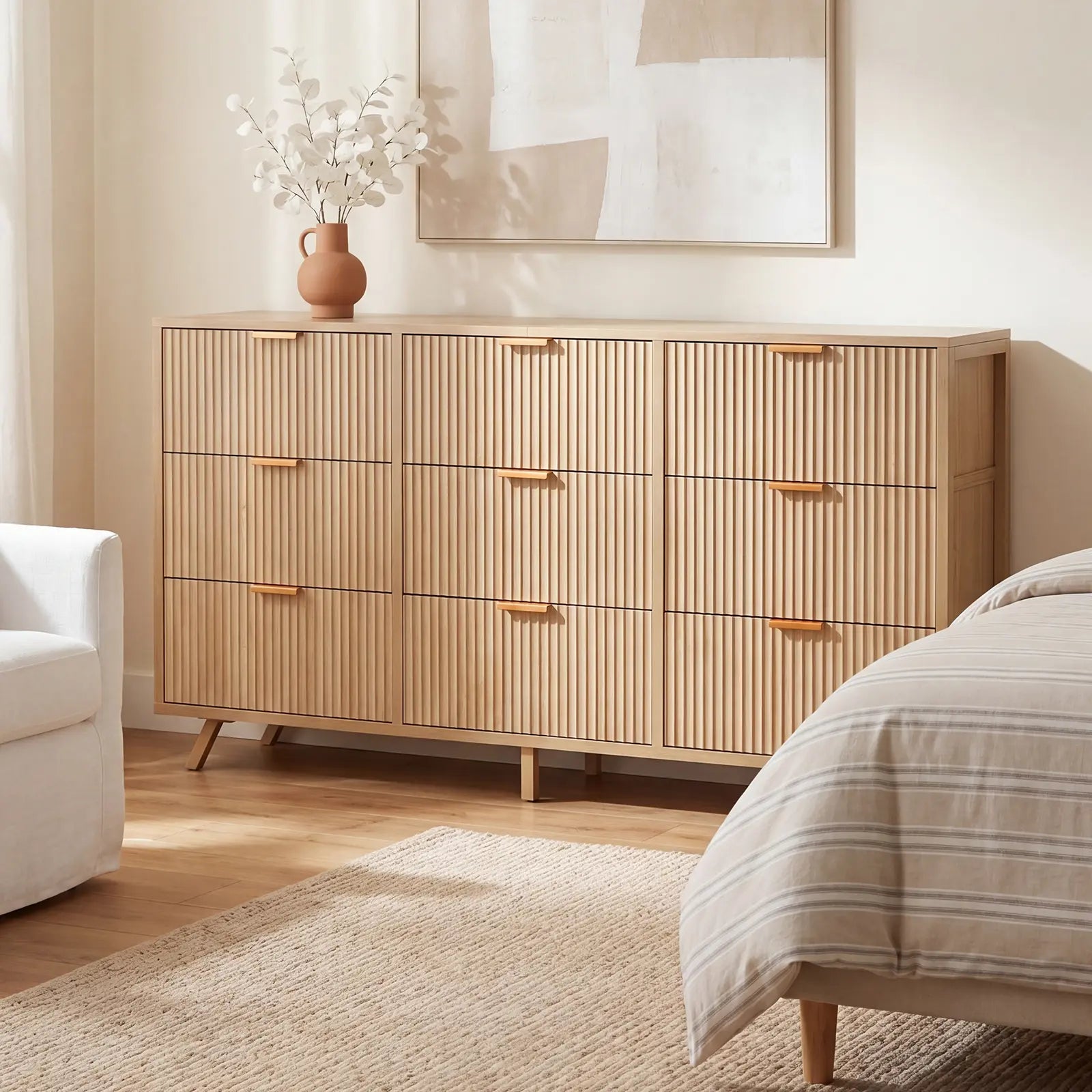 【Deals for You】9 Fabric Drawer Dresser for Bedroom, 57" Fluted Wooden Chest with Fabric Drawers, Modern Media Console & TV Stand for 35/45/55 Inch TV, Large Storage Organizer Cabinet with Reinforced Base