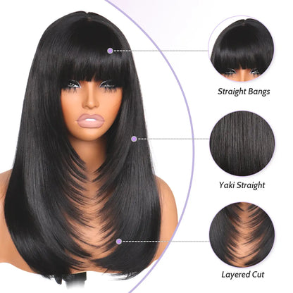 U&A Hair Glueless Yaki Straight Layered Wigs with Bangs 5X4 Lace Front Synthetic Wig 14 Inch Wear and Go Pre Style Realistic Look with True Scalp Tiny Knots