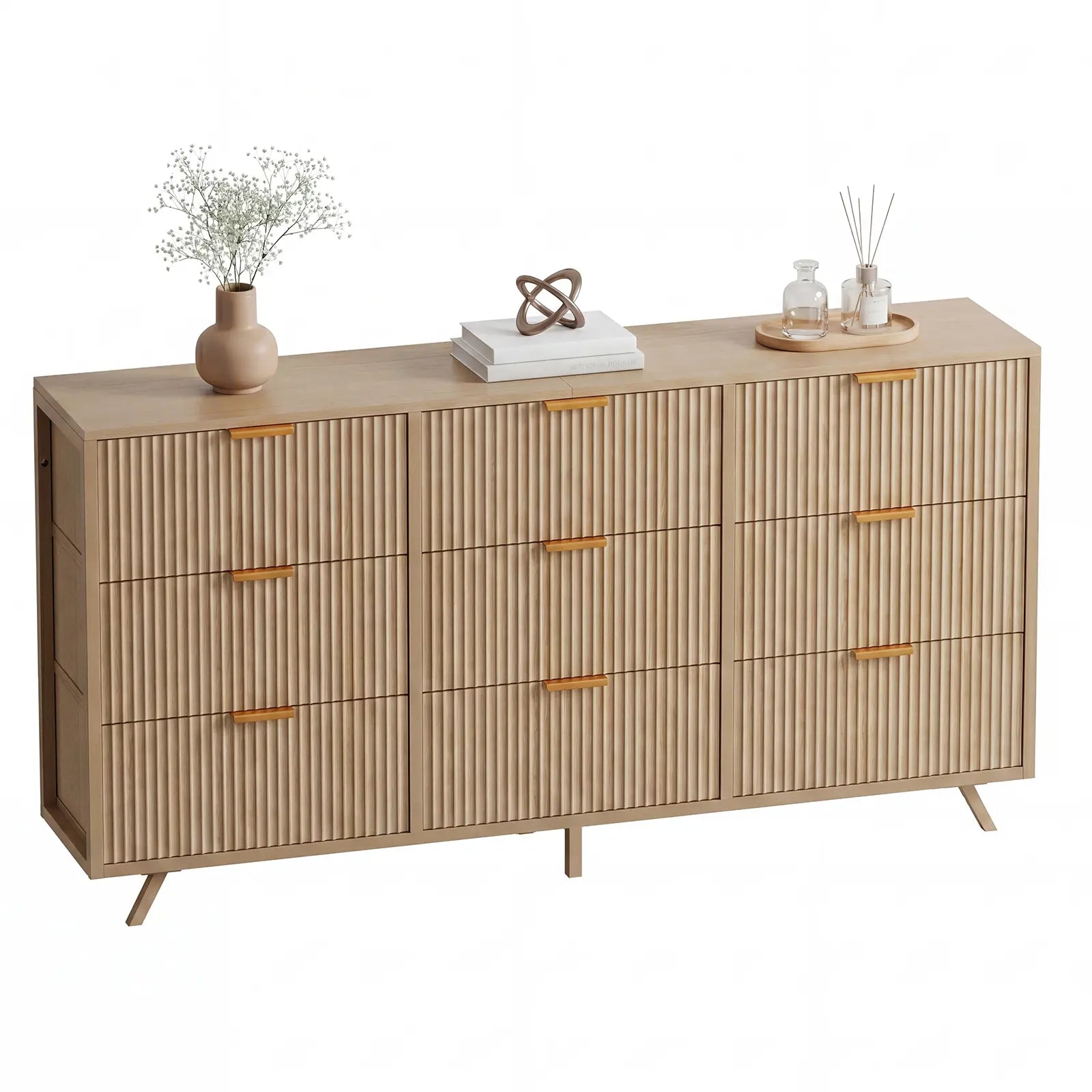 【Deals for You】9 Fabric Drawer Dresser for Bedroom, 57" Fluted Wooden Chest with Fabric Drawers, Modern Media Console & TV Stand for 35/45/55 Inch TV, Large Storage Organizer Cabinet with Reinforced Base