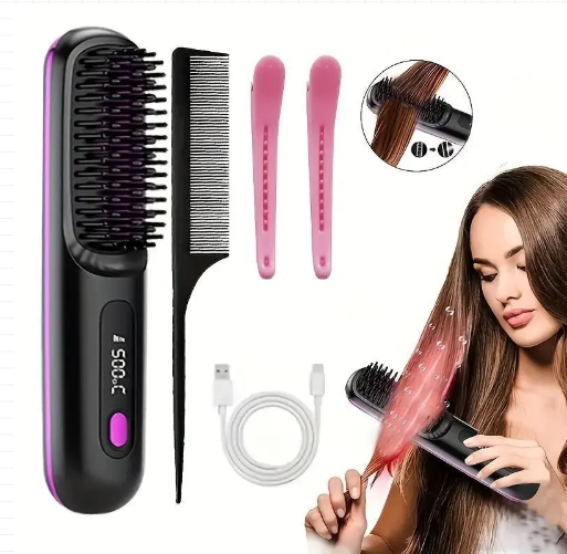 2026 Upgraded Straight Hair Comb, Portable Fashion Lazy Straightener, USB Rechargeable Flat Iron Clip, Wireless Straightening & Curling Comb