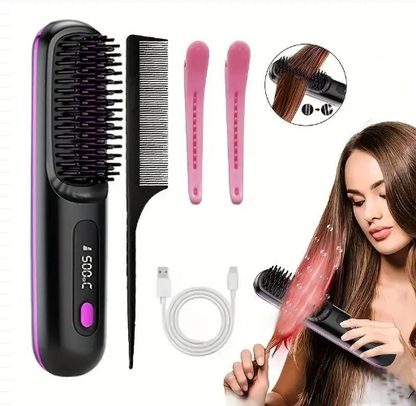 2026 Upgraded Straight Hair Comb, Portable Fashion Lazy Straightener, USB Rechargeable Flat Iron Clip, Wireless Straightening & Curling Comb