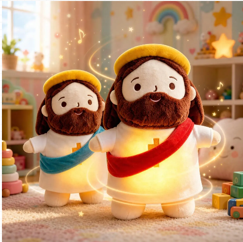 15-Inch Breathing Jesus Plush Doll with Light and Sound - Calming Sleep Companion and Christian Gift for All Ages - Stress Relief Cuddly Toy with Blue Sash - Ideal for Easter and Soothing Rhythm