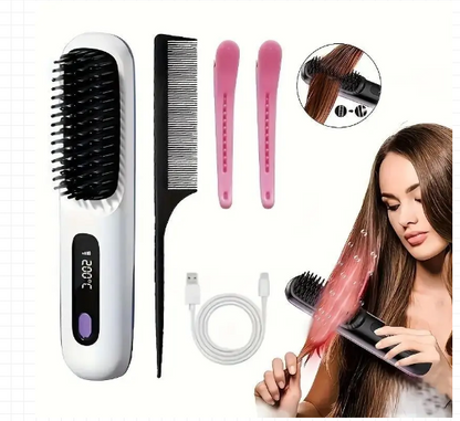 2026 Upgraded Straight Hair Comb, Portable Fashion Lazy Straightener, USB Rechargeable Flat Iron Clip, Wireless Straightening & Curling Comb